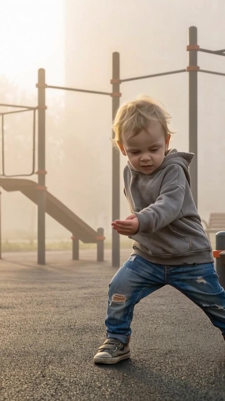 A 2-year-old boy with a photo. Keep the original face, features, expressions, age, proportions, posture, hairstyle, makeup, clothing, accessories, and overall style as is. Do not change, redraw, transform, add, or remove anything. Maintain a dynamic postu