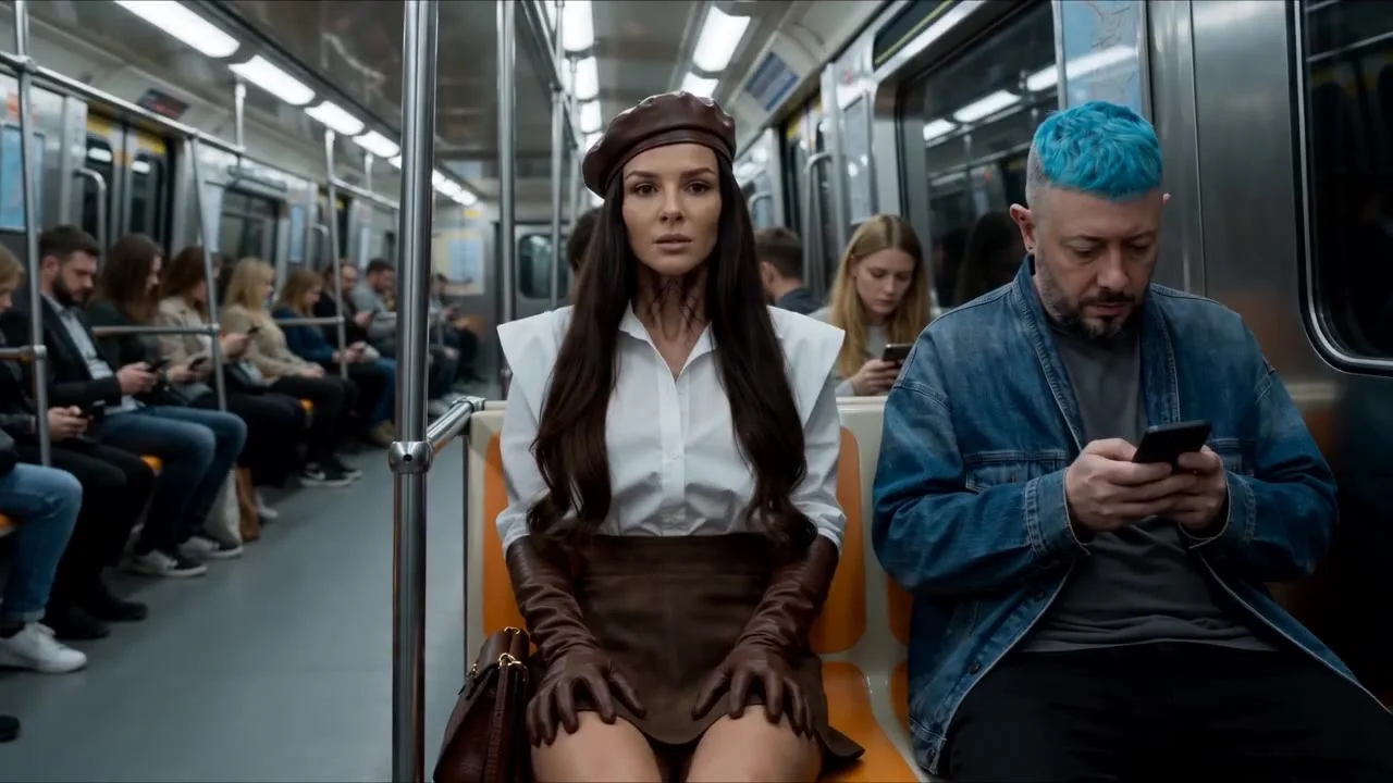 Use Image1 as the female passenger.
Use Image2 as the male passenger seated directly across from her inside a modern Moscow metro train.

Single continuous handheld shot, 15 seconds, no cuts.
No background music — only realistic diegetic sound.

⸻

Scene
