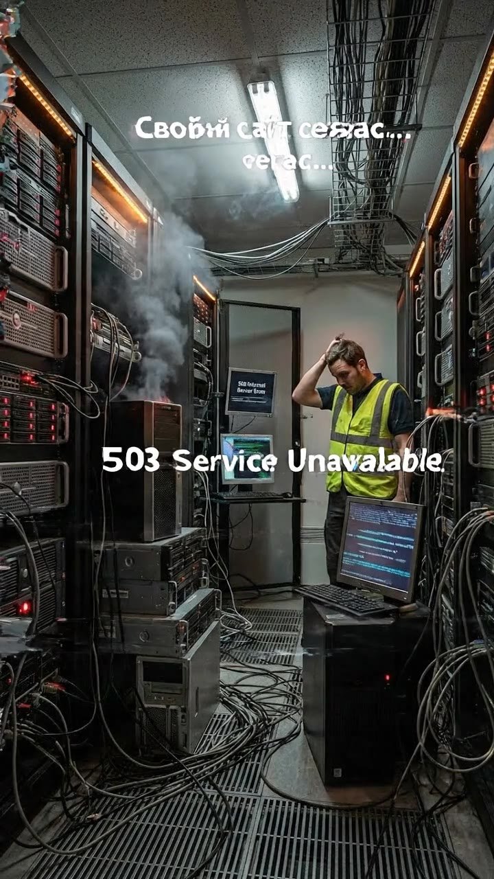 chaotic web hosting datacenter, messy servers stacked randomly, cables everywhere, blinking red error lights, overheating, smoke, screens showing 500 errors, lag, glitch effects, dark, flickering light, stressed atmosphere, realistic, cinematic

Текст на 