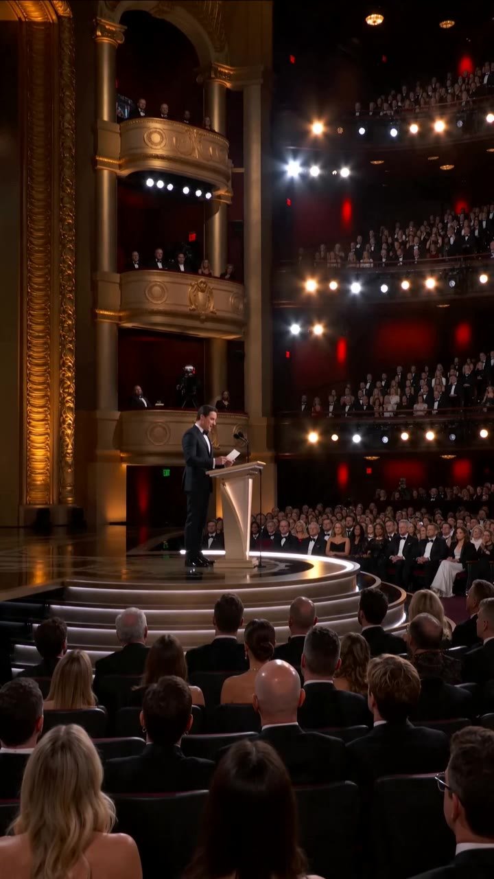 Translationы:

Style: Ultra-realistic Hollywood Oscars ceremony. Single continuous shot. Broadcast television camera mixed with handheld audience POV. Documentary realism. Audio: Live ceremony ambience — orchestral music, presenter announcing "And the Osc