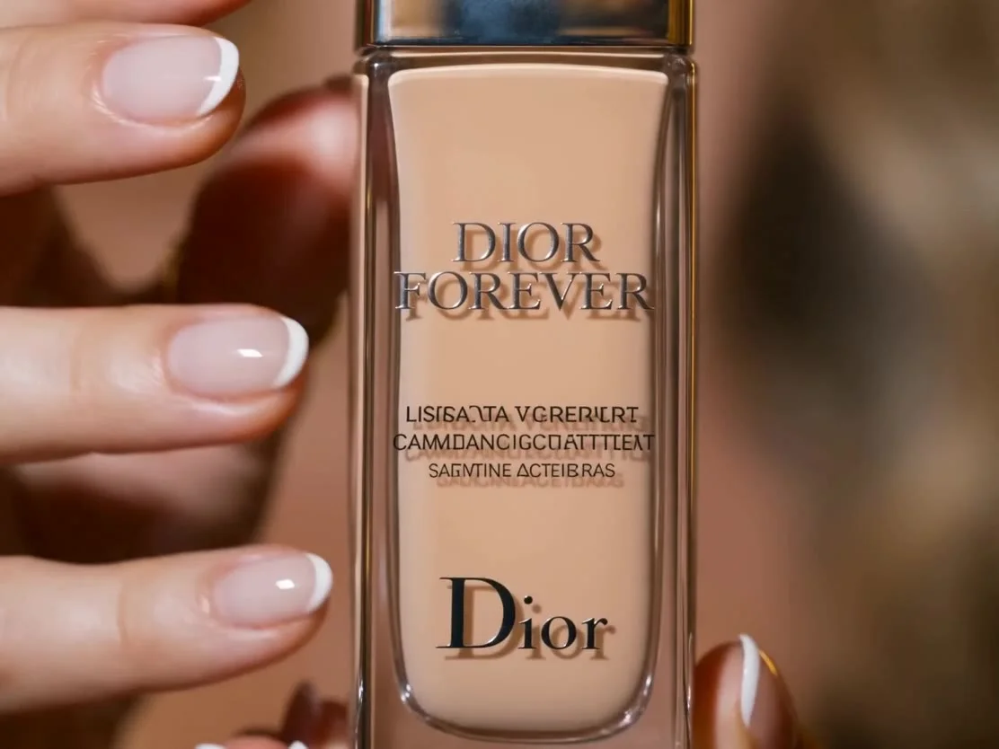 Кадр 1: Тактильное вступление (0:00 — 0:02)

  Extreme close-up macro shot of female fingers gently and rhythmically tapping on a glass Dior Forever foundation bottle. Slow zoom-in, 85mm lens, shallow depth of field, soft cinematic lighting, luxurious coz