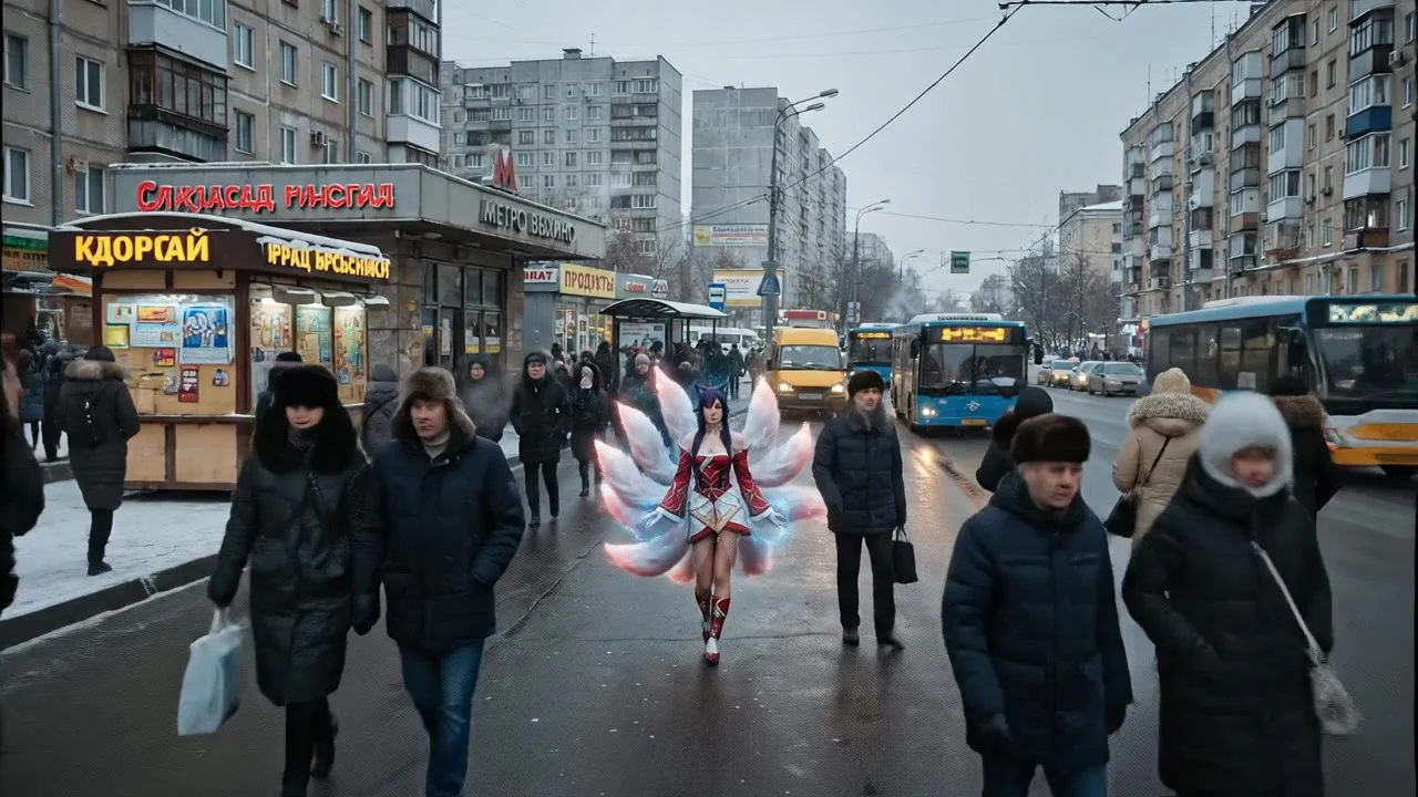 A cinematic video scene set near Vykhino metro station in Moscow, Russia. A realistic post-Soviet urban environment: gray concrete apartment blocks, crowded street, buses and marshrutkas, people in winter clothing, Russian Cyrillic signs, wet asphalt afte