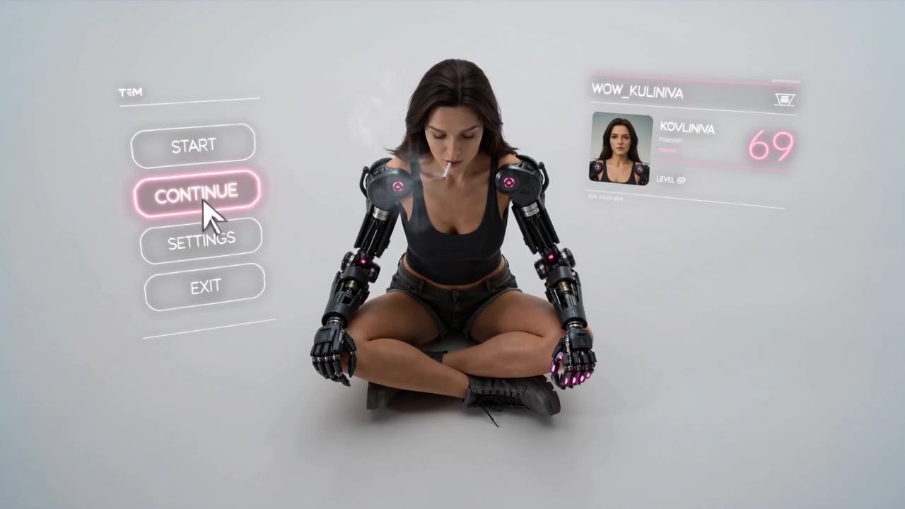STYLE: Hyper-realistic CGI. Minimalist white void → dense cyberpunk favela. Audio: Deep bass, servo mechanics, cinematic score. Camera: Smooth floating movement, AAA game reveal trailer.

CHARACTER: Young athletic female, calm. Cigarette in mouth. Black c