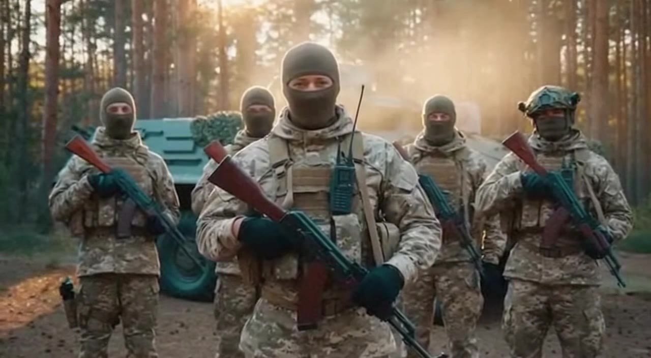 Должны стоять 5 человек в военной форме мультикаме в броне и балаклавах 
С автоматом ак-47 
И должен один говорить речь 
Уважаемая Оксана Константиновна 
Поздравляем вас с днем рождения 
Желаем вам счастья, здоровья, любви что бы ваши заветные мечты сбыва
