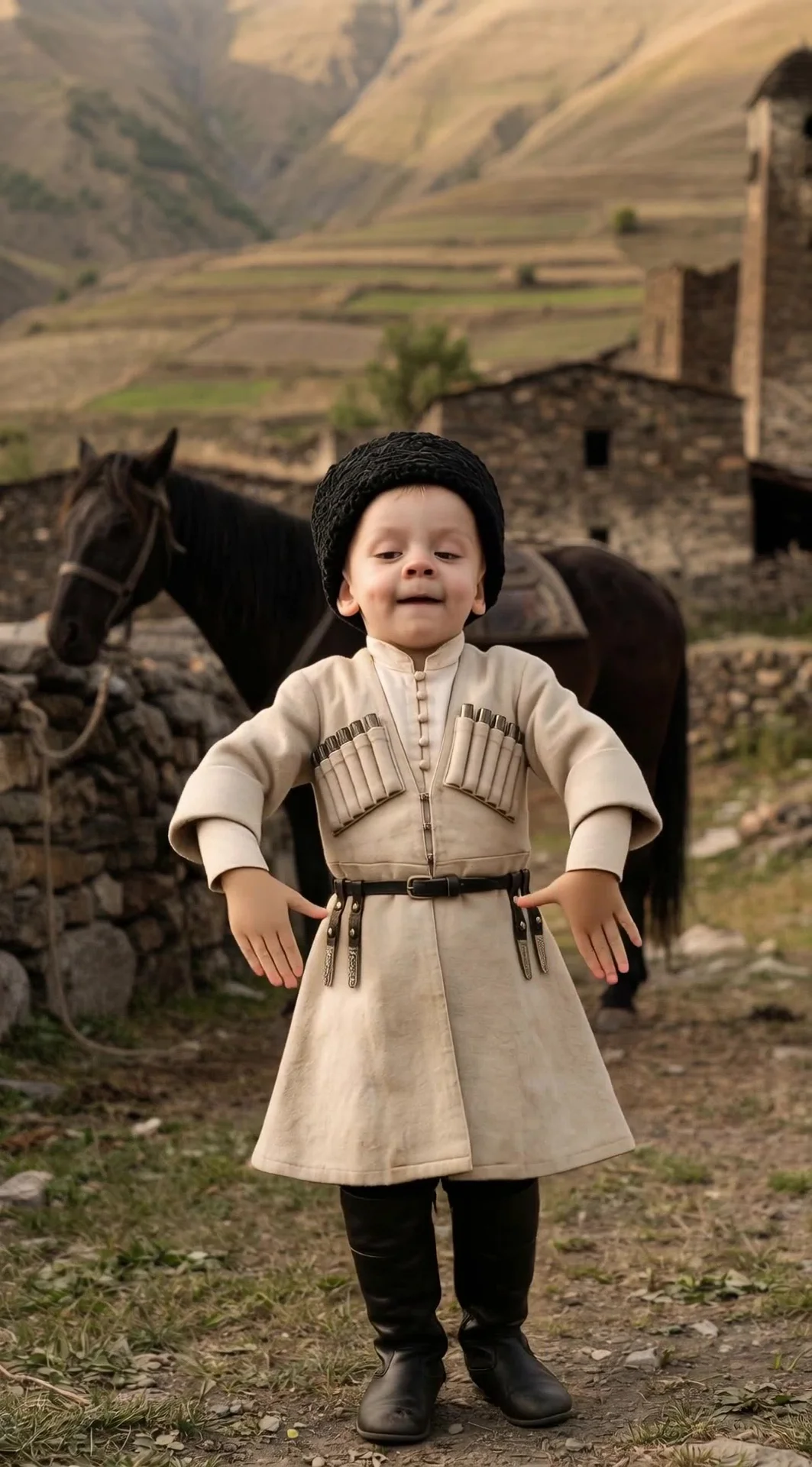 A 2-year-old boy with a photo. Keep the original face, features, expressions, age, proportions, posture, hairstyle, makeup, clothing, accessories, and overall style as is. Do not change, redraw, transform, add, or remove anything. Maintain a dynamic postu