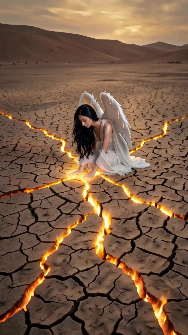 @Image1 — storyboard and cinematic scene reference. Replicate the visual progression, composition, environment transformation, angel wings design, glowing earth cracks, lighting evolution, framing and cinematic atmosphere from this storyboard exactly.
@Im