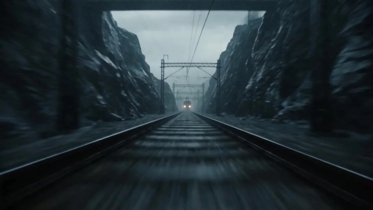 ENVIRONMENT & VISUAL STYLE Ultra-cinematic low-angle tracking shot. Heavy overcast atmosphere with teal-grey cinematic color grading. Dense mist, heavy rain with strong motion blur. Narrow mountain gorge with towering dark rocky cliffs, overhead steel bri