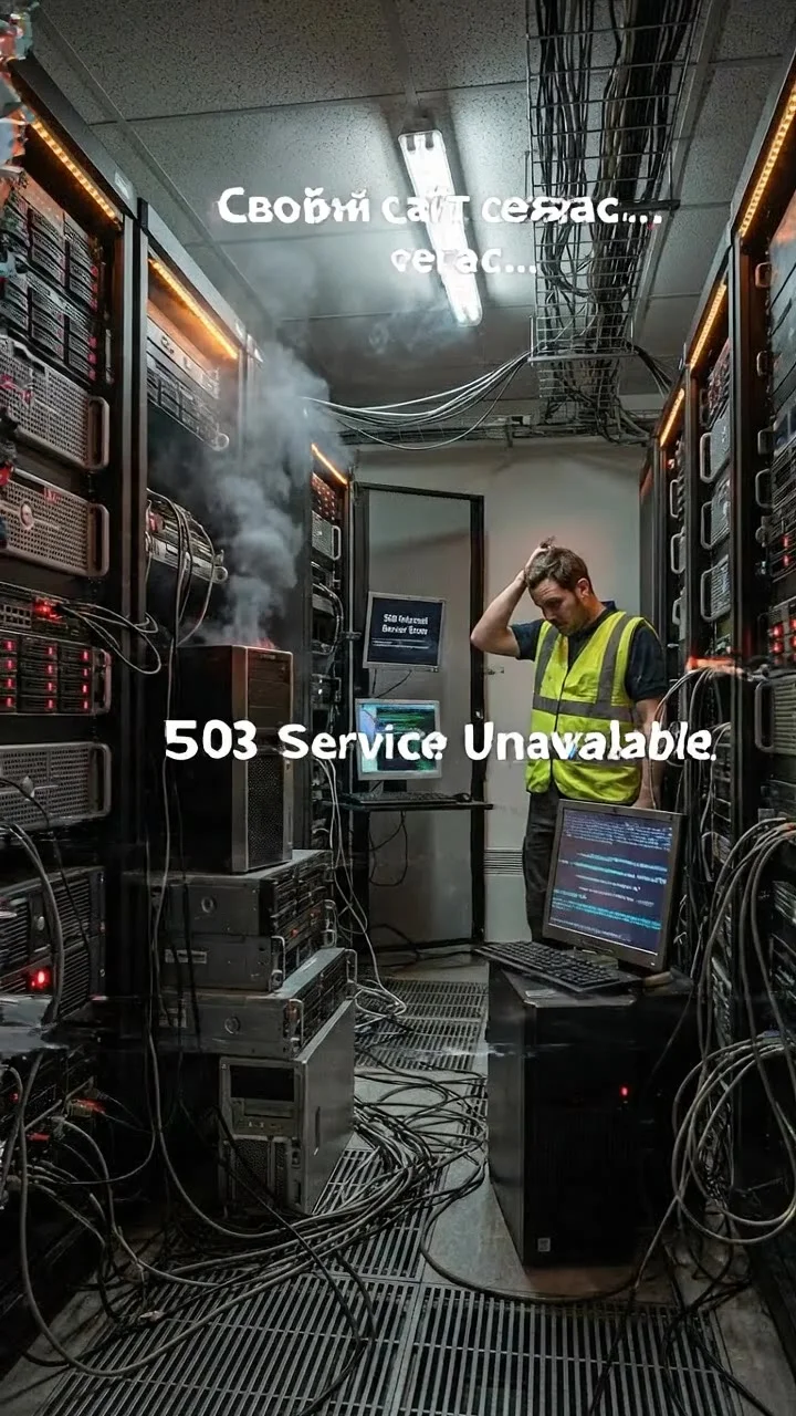 chaotic web hosting datacenter, messy servers stacked randomly, cables everywhere, blinking red error lights, overheating, smoke, screens showing 500 errors, lag, glitch effects, dark, flickering light, stressed atmosphere, realistic, cinematic

Текст на 