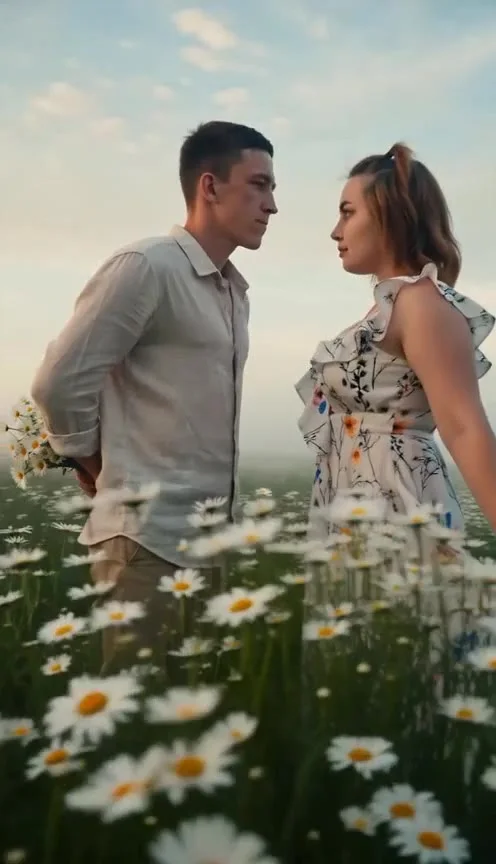 Промпт: A cinematic 10-second one-take still over a vast, windswept daisy field under a bright blue summer sky with soft clouds. Natural daylight, gentle breeze rustling flowers and fabric
- calm, nostalgic, poetic, airy.
Setup: @BOY @image_1  and @GIRL @