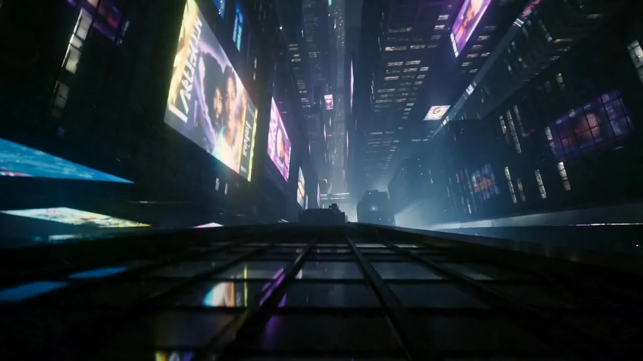 A dark figure leaps from a skyscraper ledge and free-falls through a neon-drenched cyberpunk cityscape at night. Massive holographic billboards and glowing purple and pink signage streak past as the camera plunges downward in a vertigo-inducing POV dive. 