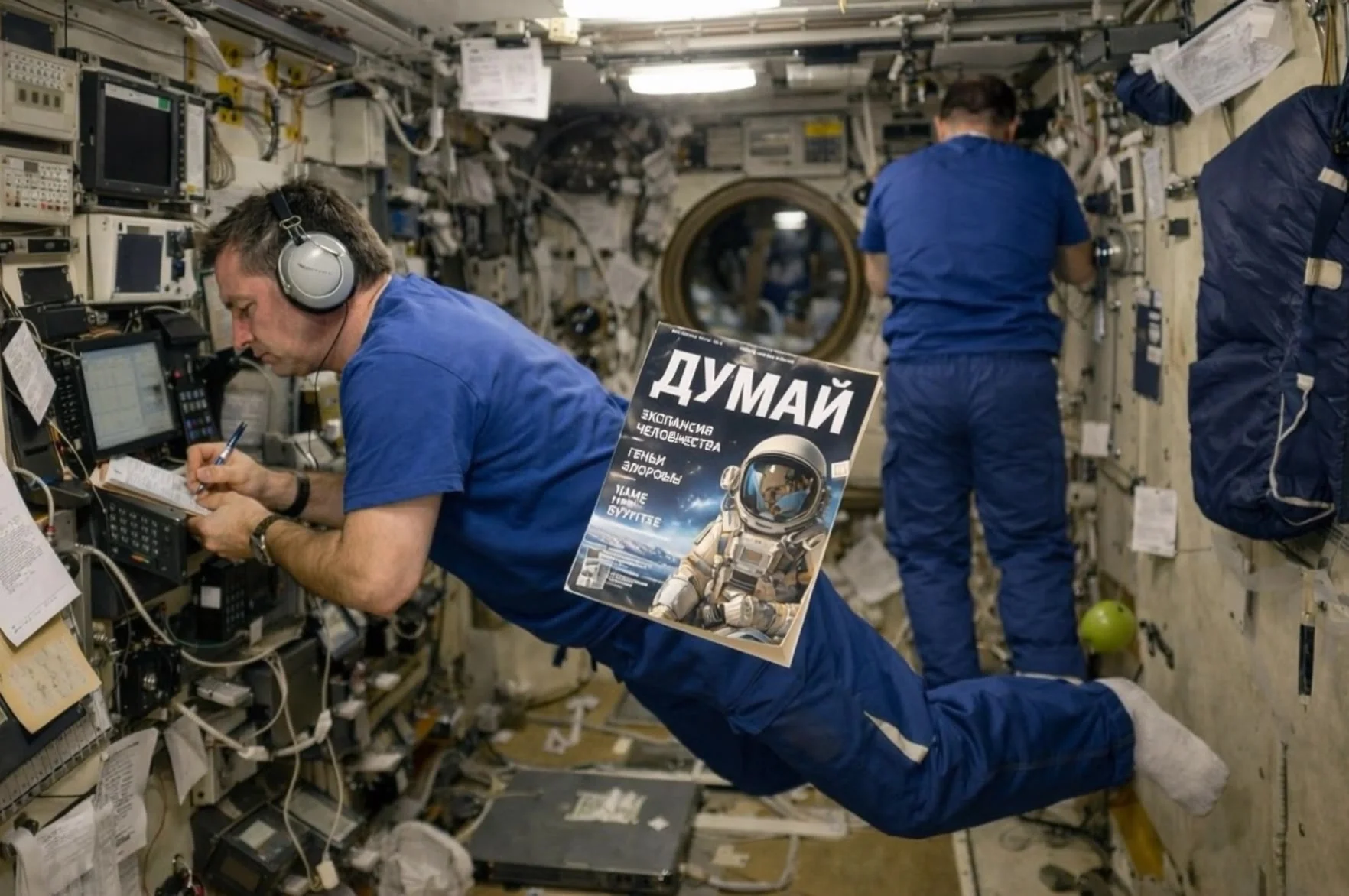 Style: ultra-realistic documentary footage, ISS/Mir archival style, natural lighting, no cinematic exaggeration, no sci-fi look

Scene description:
Interior of the Mir space station. Two Russian cosmonauts in blue flight suits float in zero gravity during